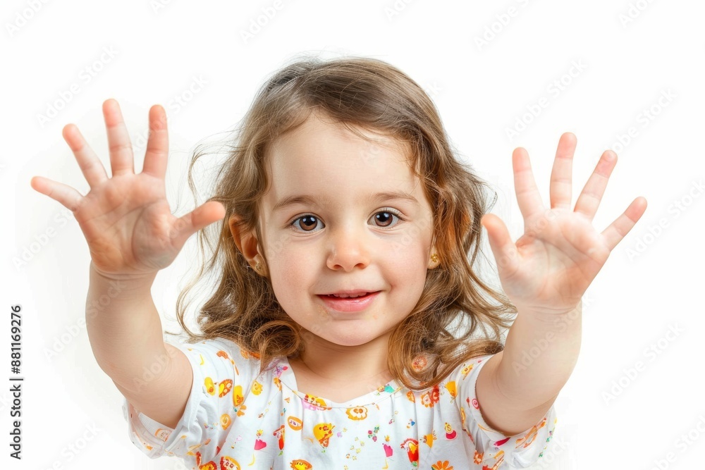 Innocence of child white plate and playful hands. Adorable child excitedly raises her palms savoring her meal. Innocence of child white plate and playful hands. Adorable child excitedly raises her palms savoring her meal.