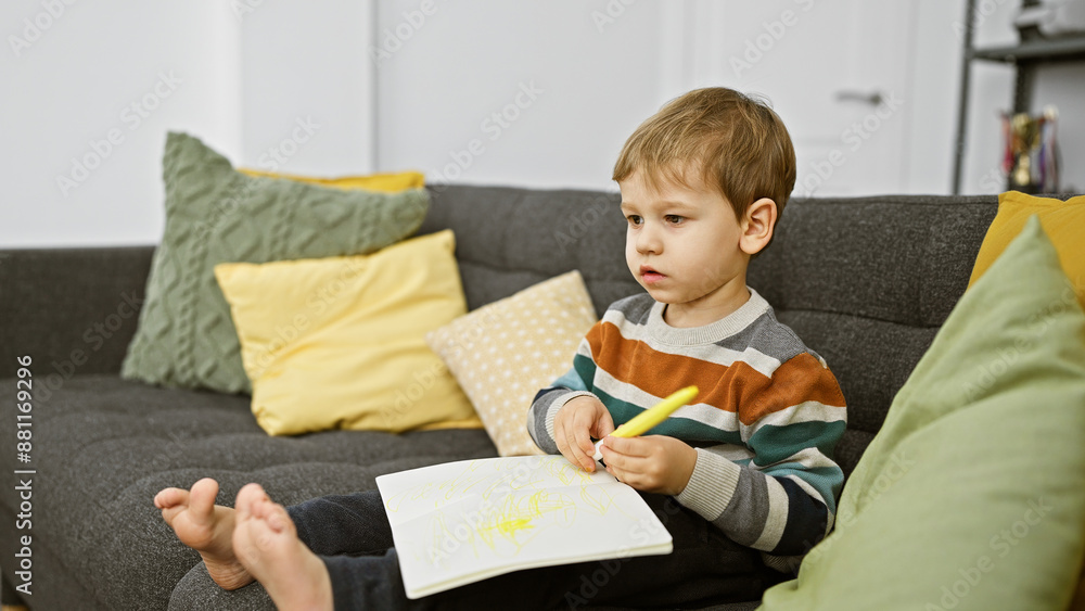 Blond toddler boy drawing indoors on a couch with colorful pillows in a cozy living room setting Blond toddler boy drawing indoors on a couch with colorful pillows in a cozy living room setting