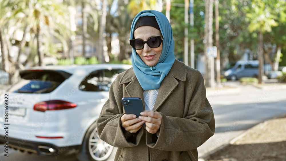 Elegant woman wearing hijab and sunglasses using smartphone on city street lined with palm trees Elegant woman wearing hijab and sunglasses using smartphone on city street lined with palm trees