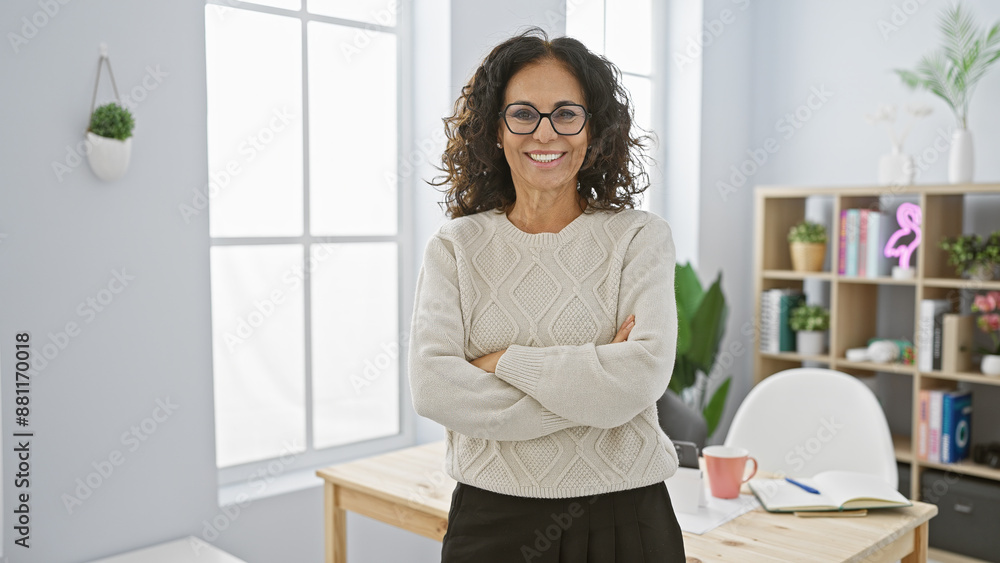 Confident hispanic middle-aged woman with arms crossed standing in a bright modern office interior. Confident hispanic middle-aged woman with arms crossed standing in a bright modern office interior.