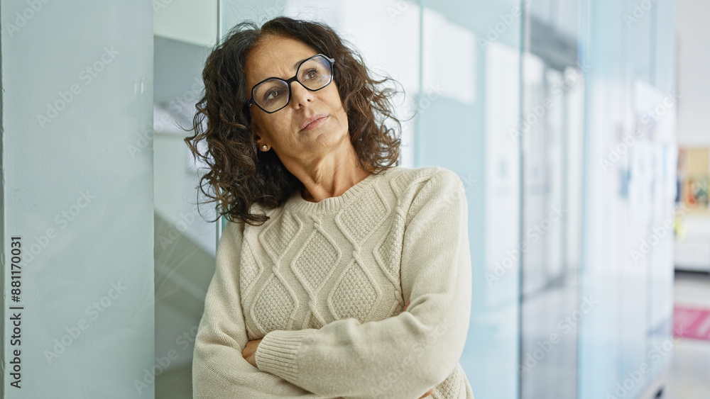 A confident middle-aged hispanic woman with glasses stands arms crossed in an office interior, exuding professionalism and experience. A confident middle-aged hispanic woman with glasses stands arms crossed in an office interior, exuding professionalism and experience.