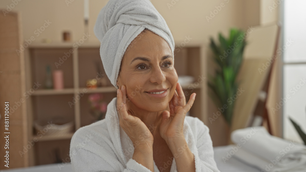 Mature hispanic woman enjoying a relaxing moment in a spa wellness center, smiling while gently holding her face, wearing a bathrobe and head towel indoors Mature hispanic woman enjoying a relaxing moment in a spa wellness center, smiling while gently holding her face, wearing a bathrobe and head towel indoors
