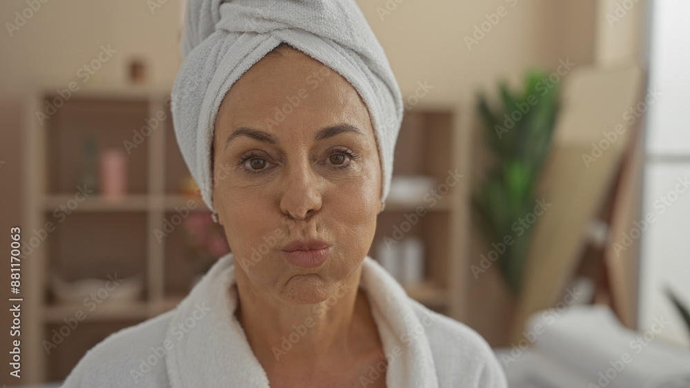 Middle-aged hispanic woman with a towel on her head and a bathrobe in a serene spa indoor setting, expressing a relaxing and rejuvenating atmosphere. Middle-aged hispanic woman with a towel on her head and a bathrobe in a serene spa indoor setting, expressing a relaxing and rejuvenating atmosphere.