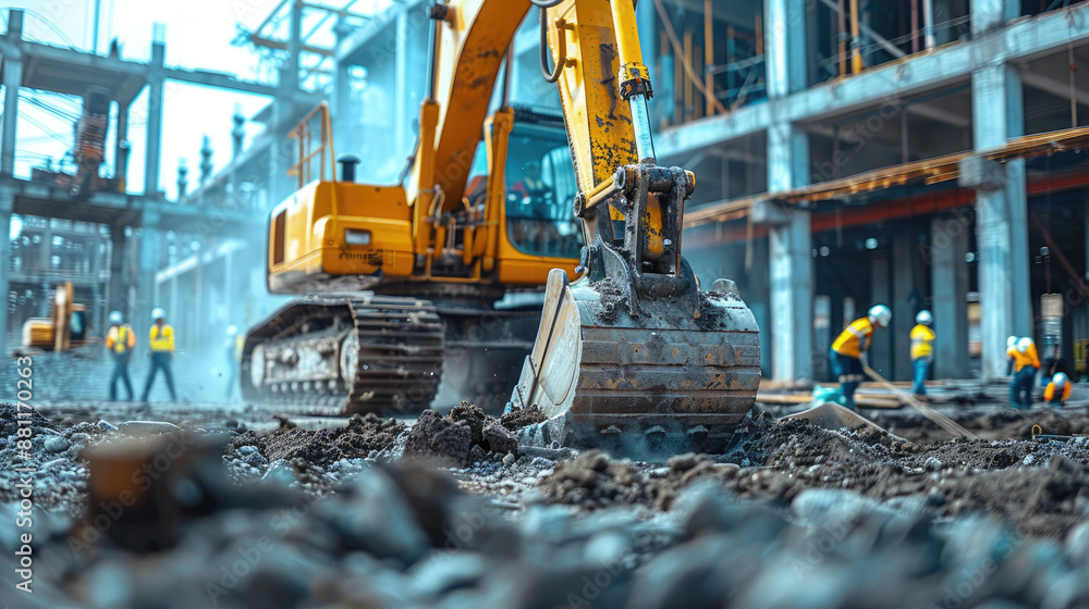Construction Site with Heavy Machinery and Workers in Safety Gear Building Modern Infrastructure Construction Site with Heavy Machinery and Workers in Safety Gear Building Modern Infrastructure