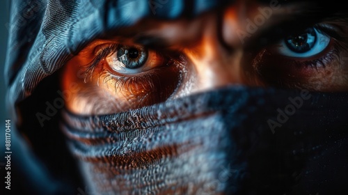 Close-up of a masked bank robber's face, hood casting shadows over his features, set against a stark black background photo