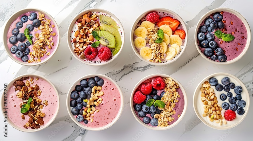 Vibrant Array of Nutritious Smoothie Bowls with Fresh Berries, Nuts, and Granola on Marble Countertop for Healthy Eating Vibrant Array of Nutritious Smoothie Bowls with Fresh Berries, Nuts, and Granola on Marble Countertop for Healthy Eating