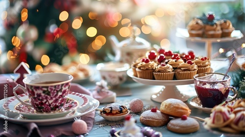 Festive tea party table with pastries, teacups, and decorations