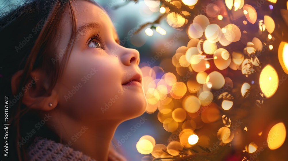 Fototapeta premium Young girl admiring festive holiday lights on tree