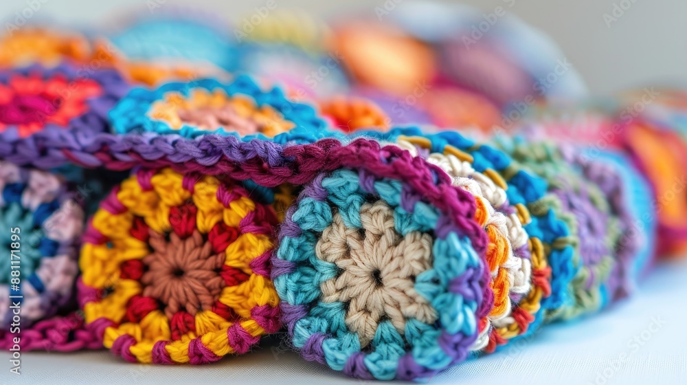 Multicolored crochet fabric on white table with focus selection and copy space Multicolored crochet fabric on white table with focus selection and copy space