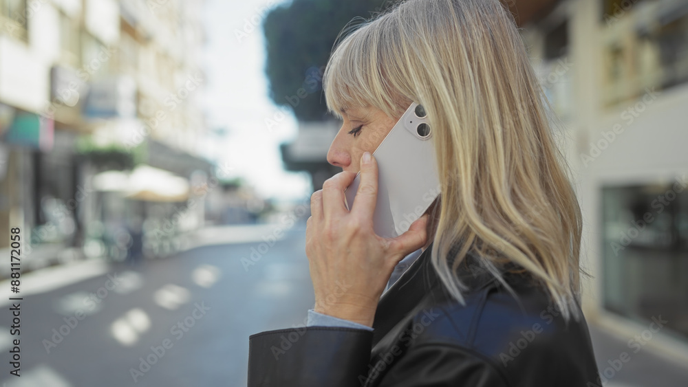 A blonde woman talking on a smartphone while standing on a bustling city street. A blonde woman talking on a smartphone while standing on a bustling city street.