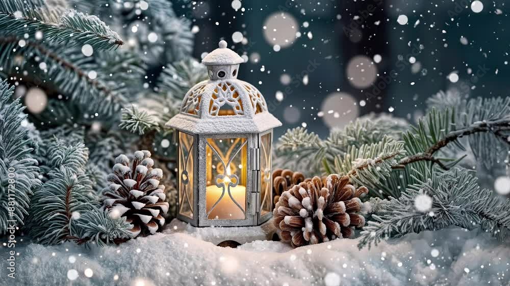 Christmas lantern with candle and pinecones, festive decoration. Falling snow effect Christmas lantern with candle and pinecones, festive decoration. Falling snow effect