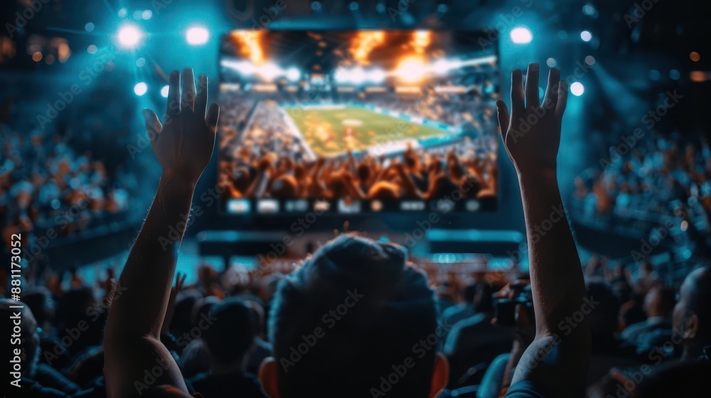 Fototapeta premium Close-up on a group of spectators with hands raised and faces joyful as they watch a race unfold on a nearby television screen