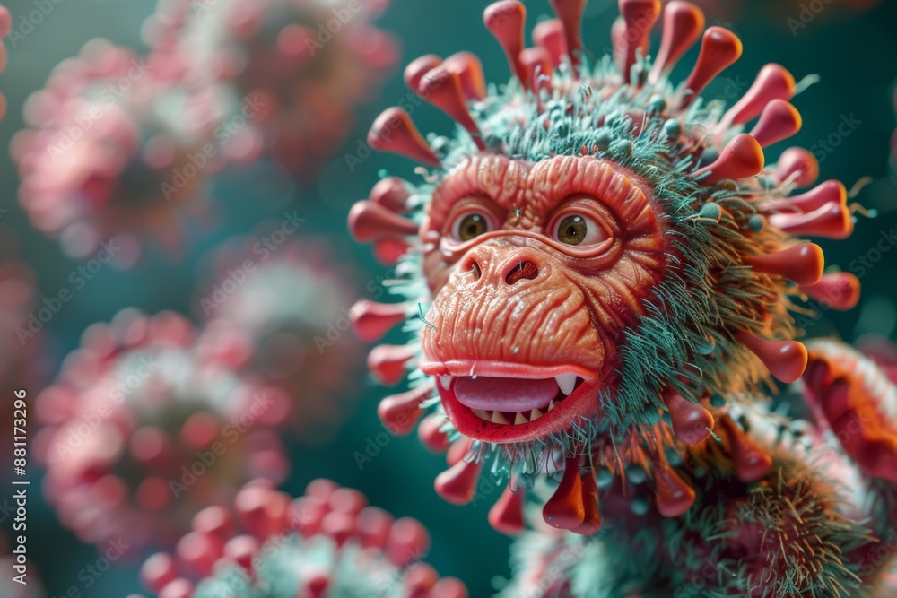 Abstract and colorful monkey head symbolizing virus. Cartoonish and lively depiction of virus monkey head. Eccentric interpretation of viral biology cartoon imagery. Abstract and colorful monkey head symbolizing virus. Cartoonish and lively depiction of virus monkey head. Eccentric interpretation of viral biology cartoon imagery.
