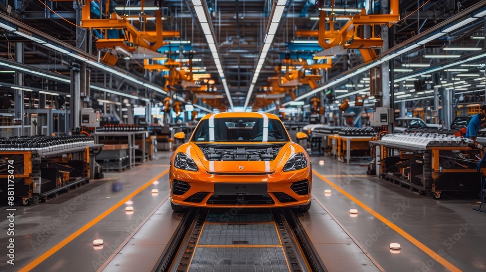 Installation of car batteries on electric vehicles at automotive plant assembly line Installation of car batteries on electric vehicles at automotive plant assembly line