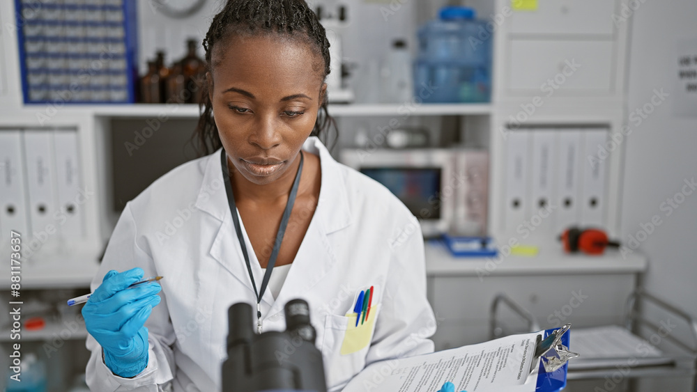 African woman scientist analyzing sample in laboratory setting. African woman scientist analyzing sample in laboratory setting.