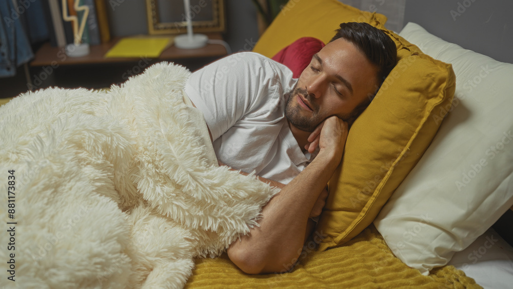 Handsome hispanic man with a beard sleeping in a cozy bedroom, lying on a bed with yellow pillows and covered with a fluffy white blanket. Handsome hispanic man with a beard sleeping in a cozy bedroom, lying on a bed with yellow pillows and covered with a fluffy white blanket.