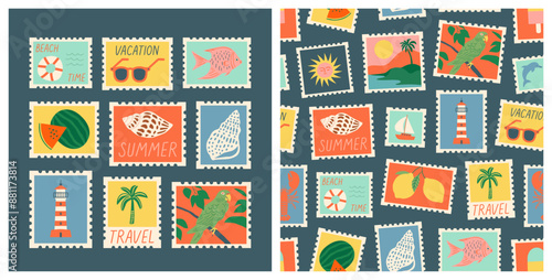 Set of vintage summer post card stamp seamless pattern. Retro style beach vacation postage sticker background illustration. Summertime season mail postmark texture print, postal label wallpaper.