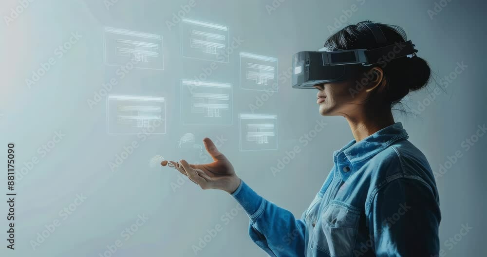 Conceptual image of person using augmented reality glasses to interact ...