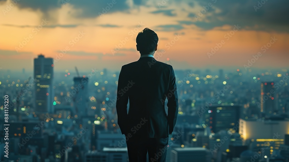 Confident Businessman in Dark Suit Standing Proudly Overlooking Modern Cityscape Confident Businessman in Dark Suit Standing Proudly Overlooking Modern Cityscape