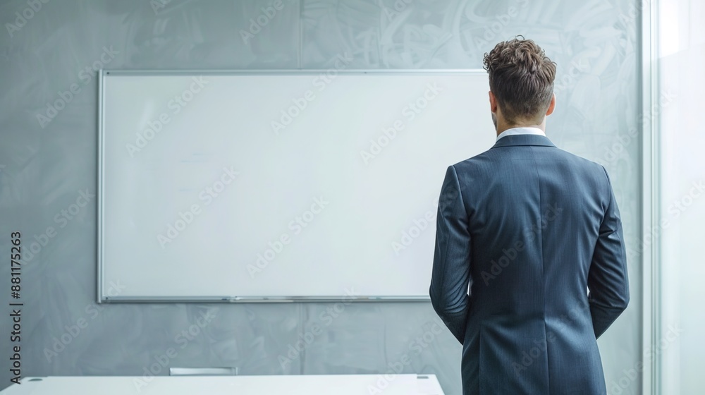 Professional Male Executive in Formal Attire Contemplating at a Blank Whiteboard Professional Male Executive in Formal Attire Contemplating at a Blank Whiteboard