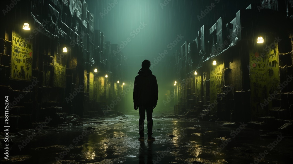 A Silhouette in a Foggy Alley with Wet Pavement and Dim Lights at Night A Silhouette in a Foggy Alley with Wet Pavement and Dim Lights at Night