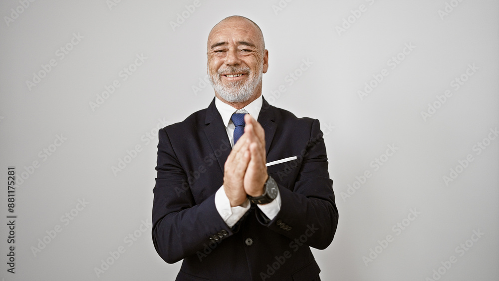 Smiling middle-aged man with grey hair and beard, wearing a suit, standing against a white isolated background. Smiling middle-aged man with grey hair and beard, wearing a suit, standing against a white isolated background.
