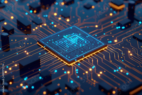 A chip with glowing blue light bulbs on a printed circuit board, symbolizes high-tech artificial intelligence