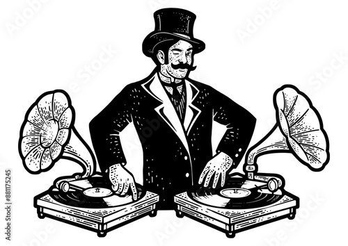 Fotografie Old fashioned DJ disc jockey at mixer console with vintage gramophones phonograph sketch engraving PNG illustration