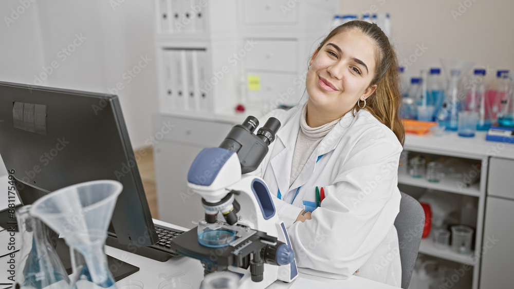 A smiling young woman scientist working in a laboratory with a microscope and computer, depicting healthcare professionalism. A smiling young woman scientist working in a laboratory with a microscope and computer, depicting healthcare professionalism.
