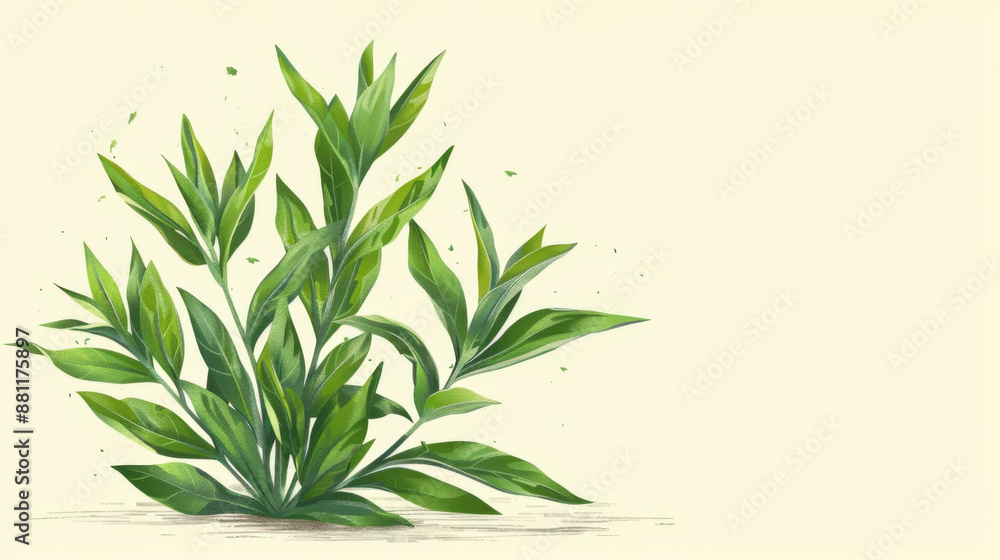 Fototapeta premium Detailed illustration of lush green plant leaves against a light beige background, showcasing nature and botanical beauty.