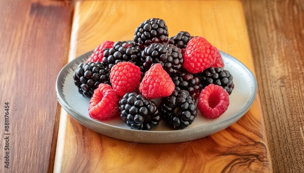 Fresh Raspberries and Blackberries on Plate Fresh Raspberries and Blackberries on Plate