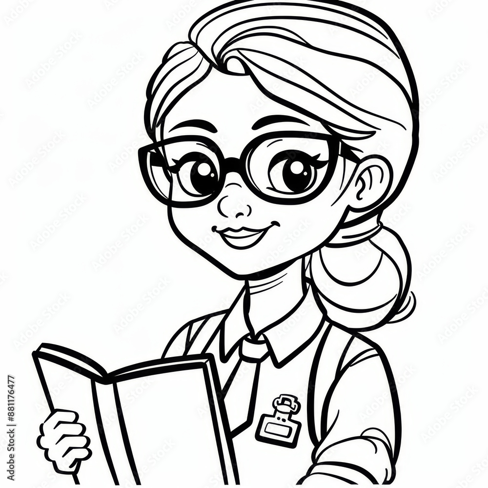 Black and white illustration of a cartoon woman with glasses reading a book, perfect for educational and library themes. Black and white illustration of a cartoon woman with glasses reading a book, perfect for educational and library themes.