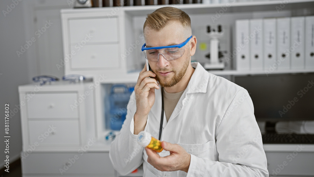 A young man with a beard in a lab coat examines medication while on a phone call indoors. A young man with a beard in a lab coat examines medication while on a phone call indoors.