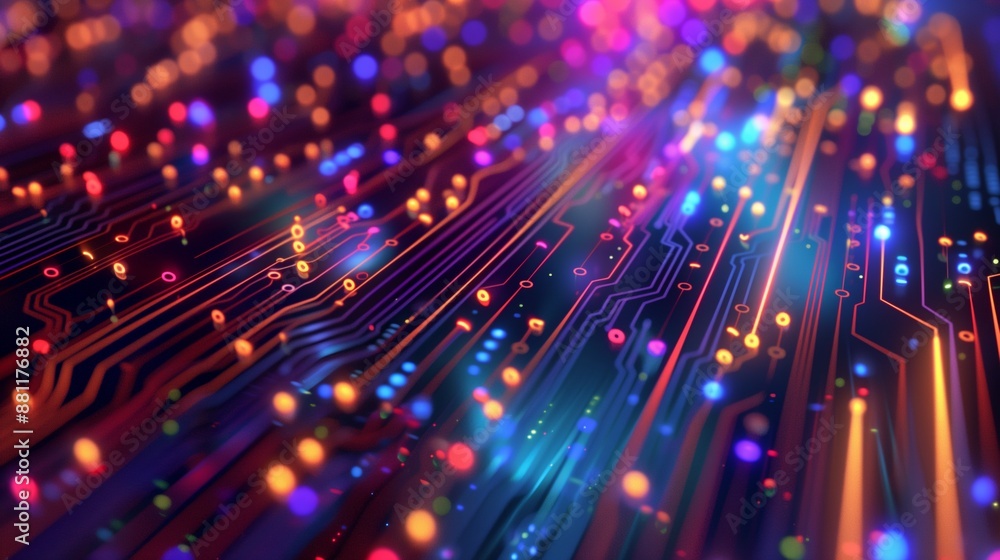 Fototapeta premium AI technology, colorful light rays and circuits simple background. Artificial intelligence and computer science concept backdrop illustration design
