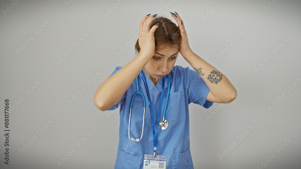 Stressed young female nurse with a tattoo stands against a white background, illustrating healthcare challenges. Stressed young female nurse with a tattoo stands against a white background, illustrating healthcare challenges.