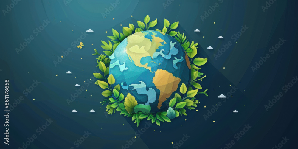 Naklejka premium Illustration of Earth surrounded by green leaves and small clouds, symbolizing environmental protection and sustainability.