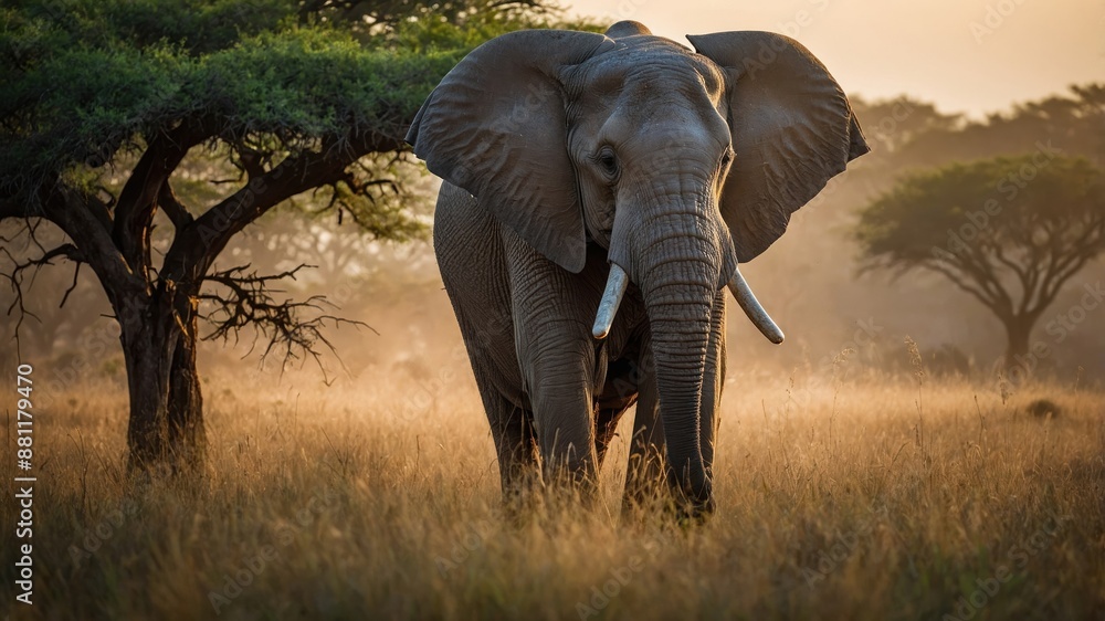 Obraz premium Majestic Elephant Standing in the African Savanna at Sunset
