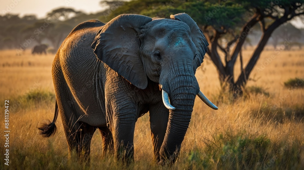 Fototapeta premium Elephant in Natural Habitat with Acacia Trees