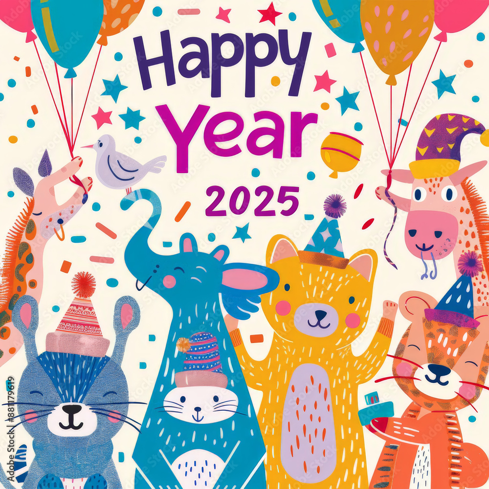 Fototapeta premium Happy New Year 2025 Celebration with Cute Animals