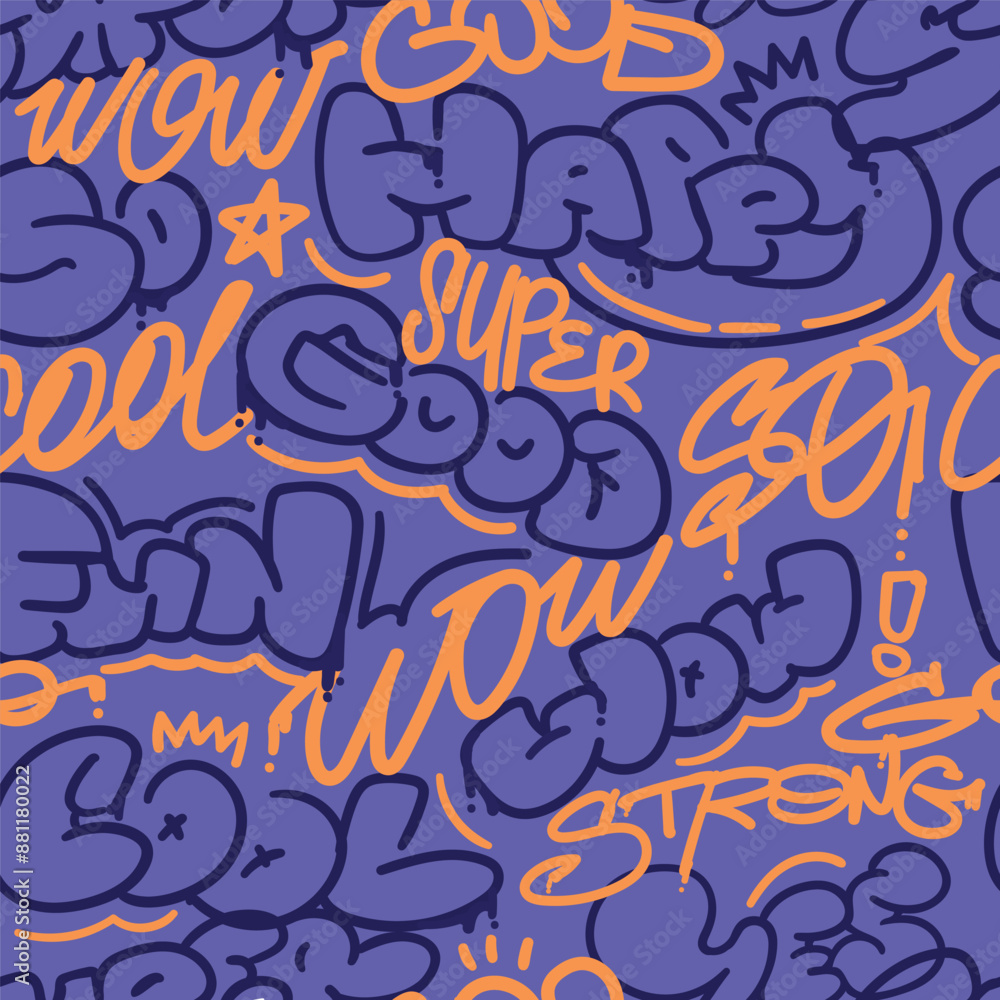 Trendy pattern Urban street art Style Hip hop Graffiti. Vector lettering ornament. Typography Background purple and orange colors Trendy pattern Urban street art Style Hip hop Graffiti. Vector lettering ornament. Typography Background purple and orange colors
