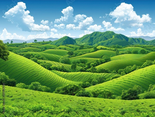 Lush Green Rolling Hills Under a Bright Blue Sky with Fluffy Clouds and Distant Mountains Show a Serene and Idyllic Natural Landscape