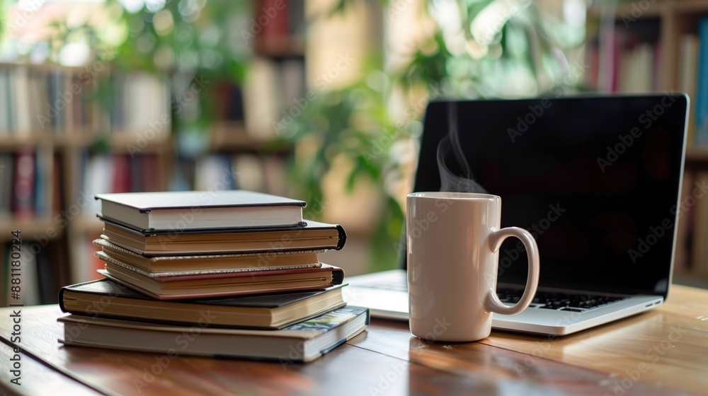 Productive Study Environment - Stack of textbooks, laptop, and coffee mug on desk for focused learning Productive Study Environment - Stack of textbooks, laptop, and coffee mug on desk for focused learning
