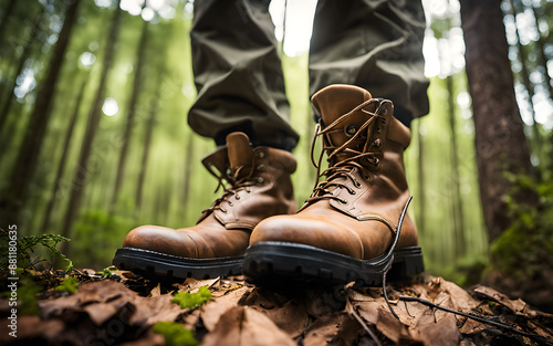 Low angle view of a park ranger’s boots in a forest, protecting wildlife, natural setting photo