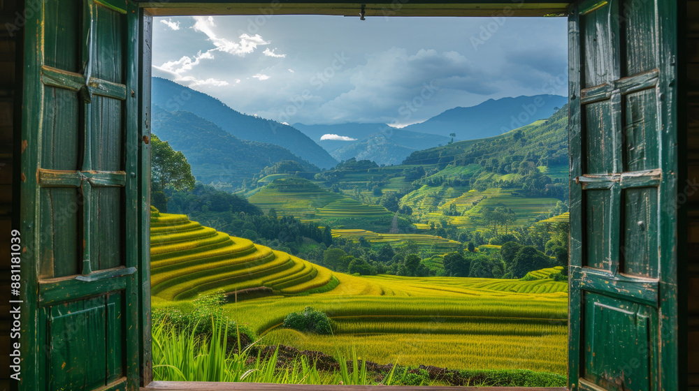 Fototapeta premium Breathtaking View of Rice Terraces from Rustic Wooden Window