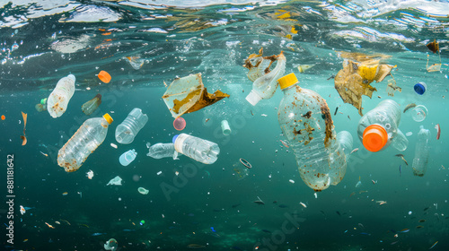 Plastic trash submerged in sea water