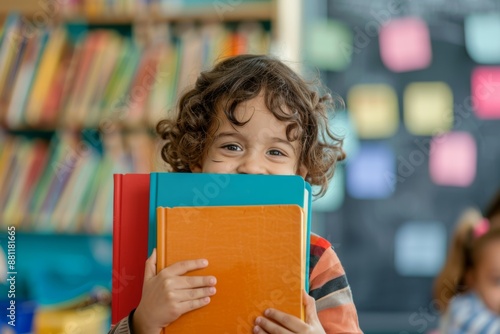 Curly-haired student holds colorful textbooks joyful classroom setting. Young boy happy expression holding colorful schoolbooks. Nurturing environment of primary education fostering curiosity.