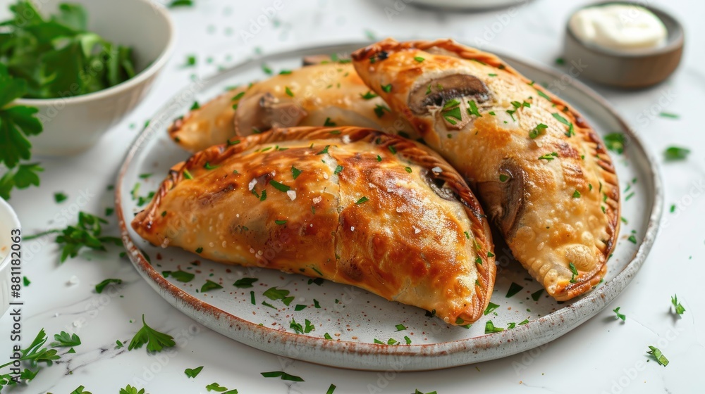 Tasty varenyky with mushrooms parsley butter and sour cream on white marble table Tasty varenyky with mushrooms parsley butter and sour cream on white marble table