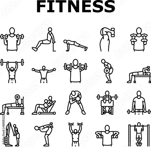 fitness exercise arm body workout icons set vector. sport training, woman healthy, person gym, yoga people, active young, lifestyle fit fitness exercise arm body workout black contour illustrations