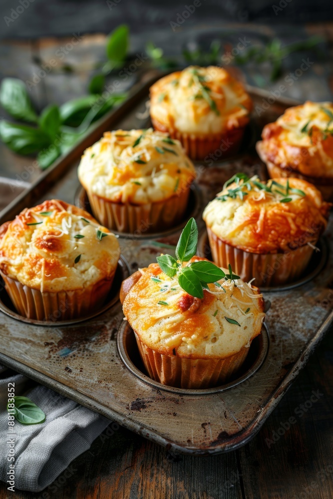 Savory Cheese Muffins with Fresh Basil on Rustic Tray Savory Cheese Muffins with Fresh Basil on Rustic Tray