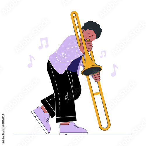 Stylized Flat Vector Illustration of a Young Musician Enthusiastically Playing the Trombone with Floating Musical Notes, Ideal for Music-Themed Designs, Educational Materials and Creative Art Projects